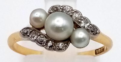 An Edwardian 18K Yellow Gold, Platinum, Natural Pearl and Diamond Ring. Crossover design. 