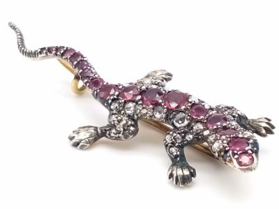 A Rare Victorian Ruby and Diamond High-Karat Salamander Brooch. Vibrant rubies and diamonds set 