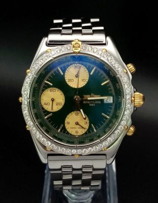 A Rare Green Dial with Diamond Bezel Breitling Chronograph Gents Watch. Stainless steel strap 