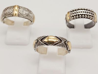 Three 925 Silver and 18K Yellow Gold plated Band Rings. All size P. 16.2g total weight.