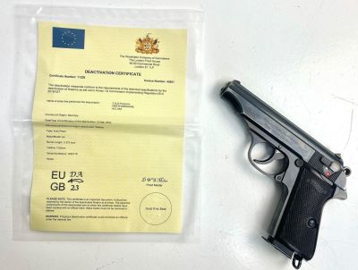 A Walther PP 32ACP Semi Automatic with drop out magazine. comes with Deactivation Certificate.