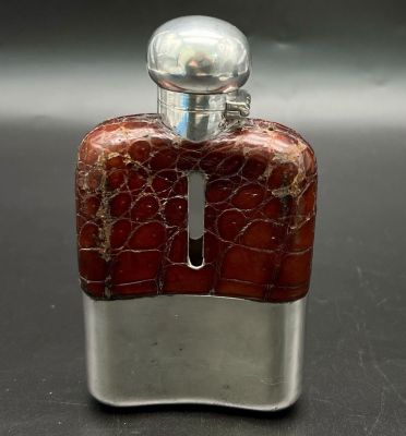 An Antique (circa 1890s) Daniel and Arter Silver Plate and Snakeskin Hip Flask. Screw top. 