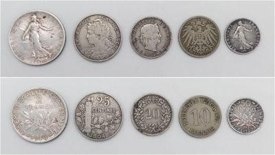 Pre 1920 Silver Foreign Coins: French 1916 2 franc coin, Swiss 1885 20 rappen coin, 1913 French 