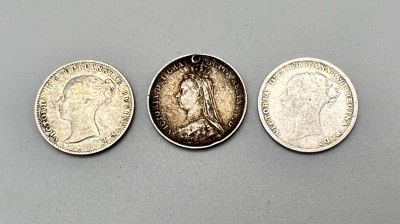 Three Pre 1900 UK Silver Coins. Two threepence - 1881 and 1887 and an 1848 groat.
