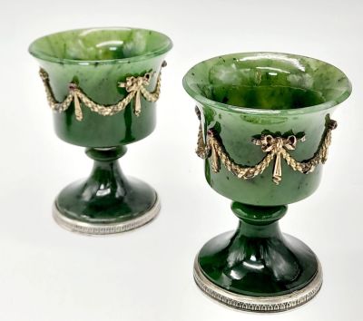 A Pair of Nephrite Jade Early 20th Century Cups with Applied Ribbons and Gem set on Silver Feet 