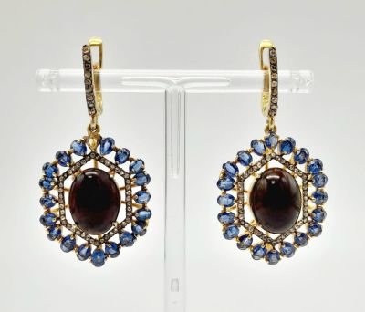 A Pair of Fire Opal and Kyanite Gemstone Hexagonal Drop Earrings. Set in gold plated 925 
