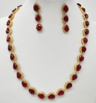 A Pear-Cut Ruby Gemstone Tennis Necklace (42cm) with a Halo of Diamonds in a Pave Setting. Set 