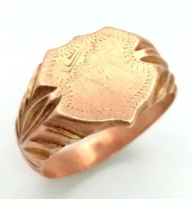 A Vintage Possibly Antique 9K Rose Gold (tested) Signet Ring. Size V. 7.75g total weight. Note: 