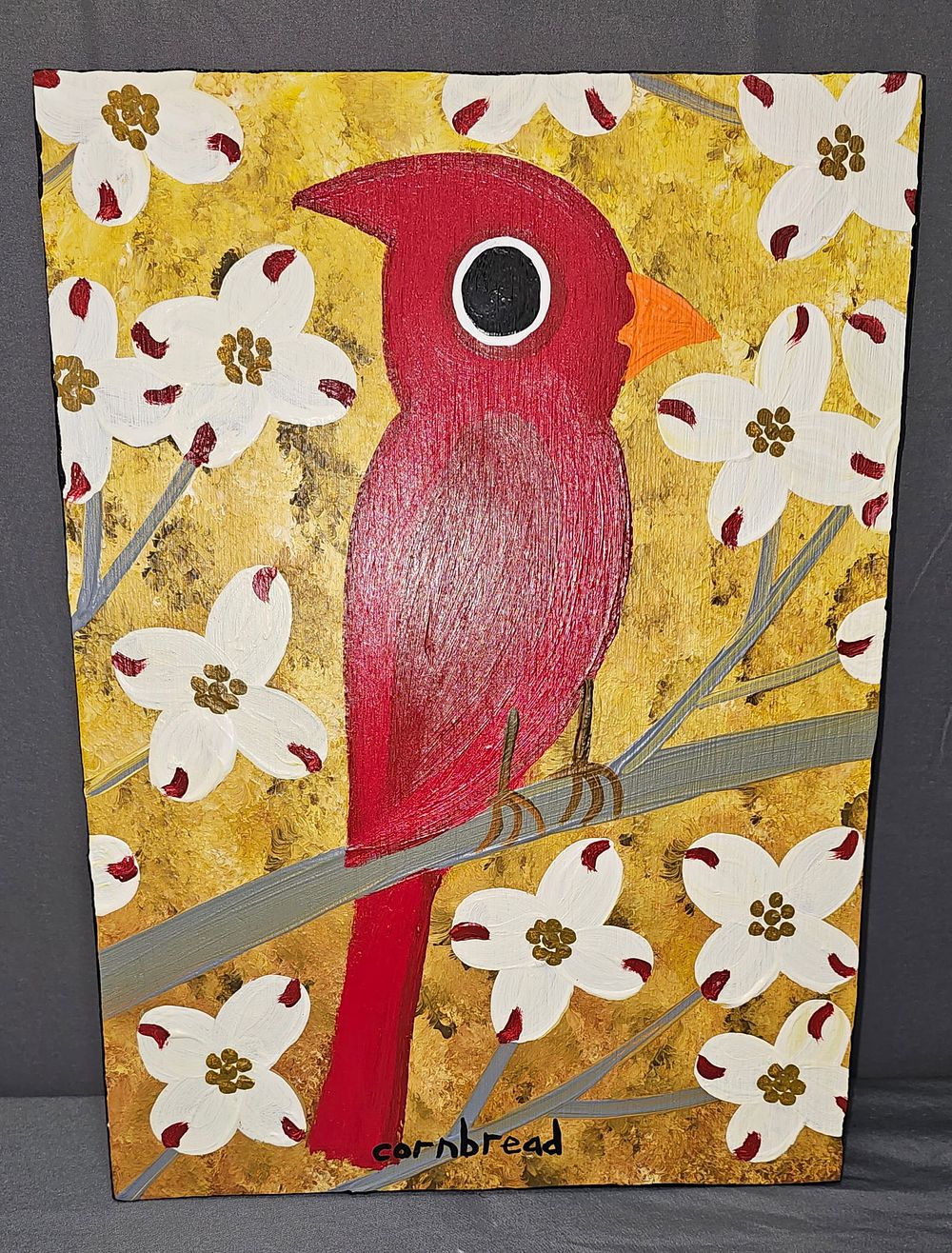 Lot 141A: Cornbread Folk Art Painting- Cardinal on Dogwood