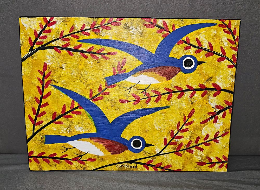 Lot 143A: Cornbread Bluebirds & Maples Folk Art Panting