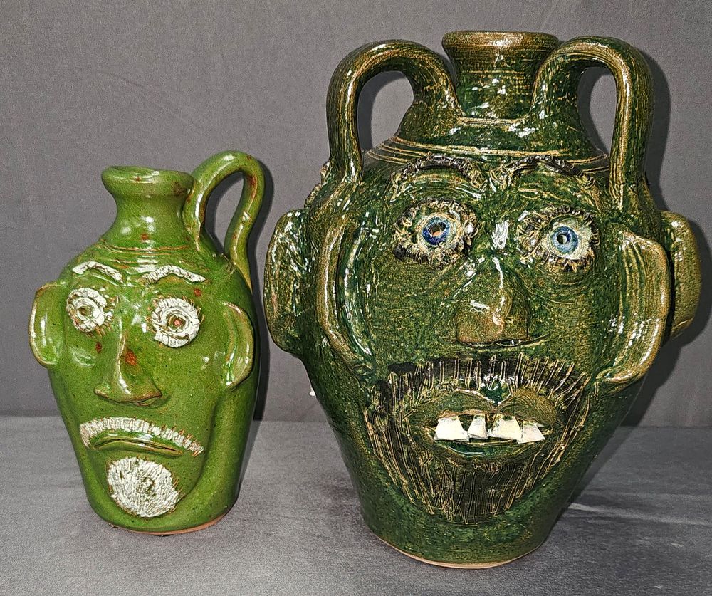 Lot 217: Triple Face Bobby Ferguson Face Jug Lot with Bobby Ferguson & Mary Ferguson Quart Green Face Jug