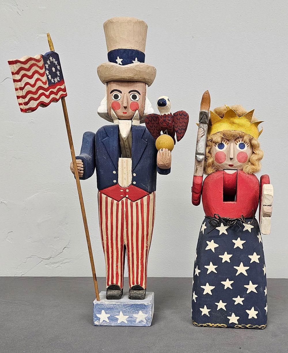 Lot 176C: Fine Mary Myers Folk Art Carved Lady Liberty & Uncle Sam Nut Cracker