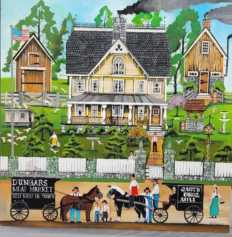 Lot 127A: Stunning Kevin Burchett Folk Art Painting "Dunbars Meat Wagon Townscape"