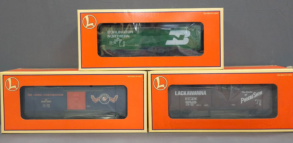 Lot 243: Lionel Box Car Lot of 3 (NIB) Modern Era, O Gauge. Lionel Box Car Lot of 3 (New In Box) All C-9