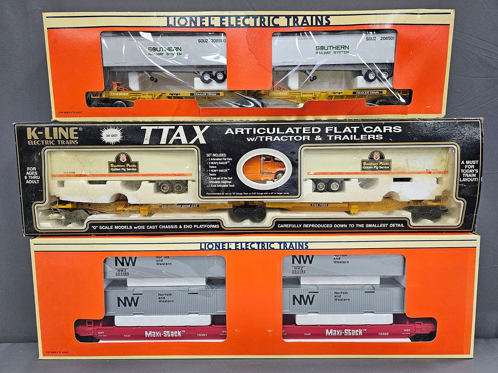 Lot 263: Lionel & K-Line Flat Car With Trailer Lot of 3 Modern Era, O Gauge. Lionel & K-Line Flat Car With