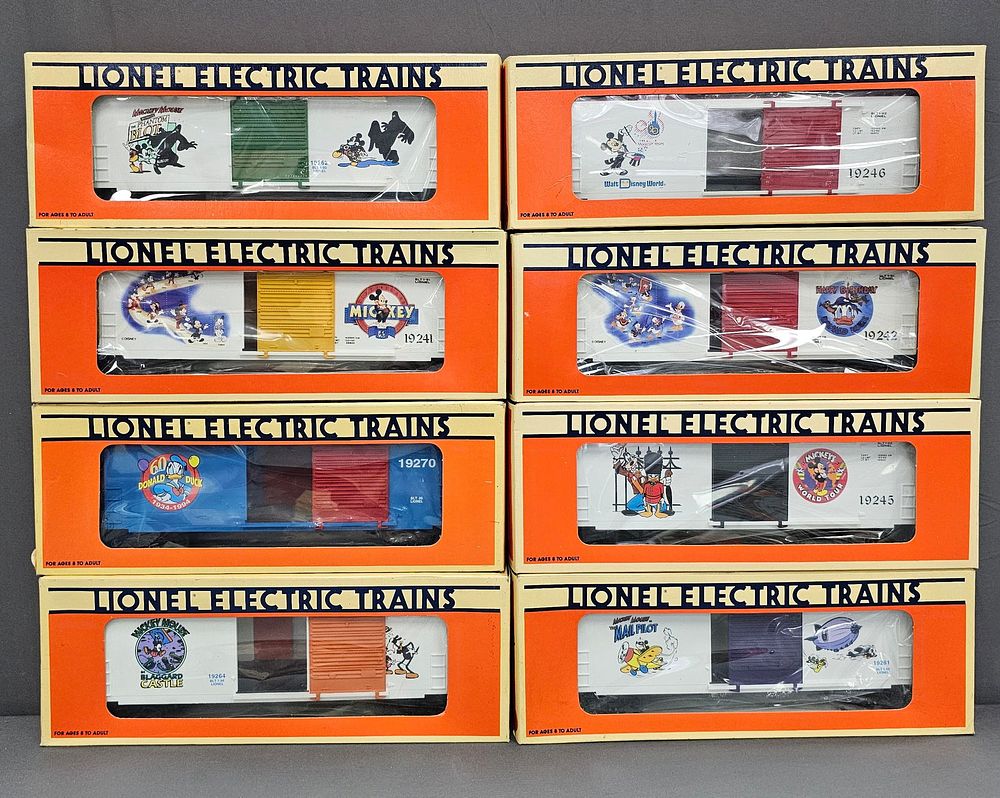 Lot 265: Lionel Mickey Mouse Box Car Lot of 8 (NIB) Modern Era, O Gauge. Lionel Mickey Mouse Box Car Lot of 8