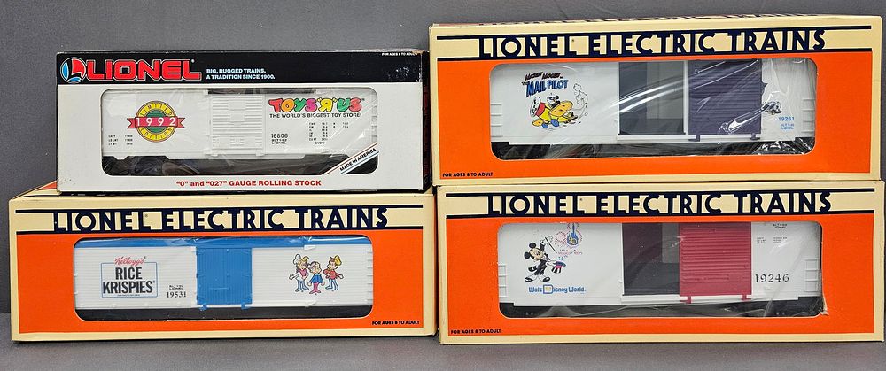 Lot 267: Lionel Mickey Mouse Advertising Box Car Lot of 4 Modern Era, Lionel Mickey Mouse & Advertising Box