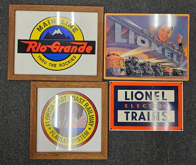 Train Accessories Sign Lot of 4 1- 1952 Lionel Catalog Cover 2- Porcelain Lionel Dealership 