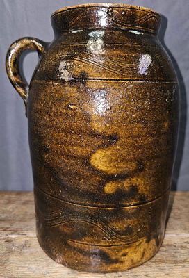 TJ Henry Sand Mountain Decorated One Gallon Preserve Jar. Dark rich alkaline glaze with three 