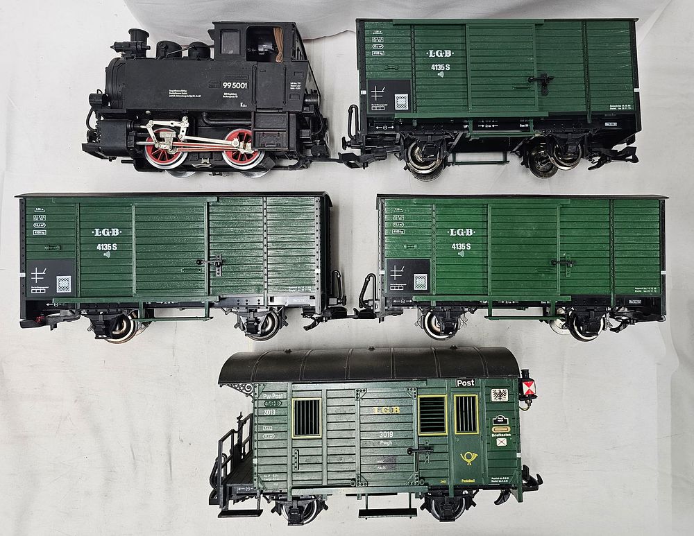 Lot 168: G-Scale LGB Locomotive & Mailcar & 3 Boxcars