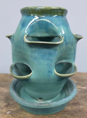 Signed WJ "Bill" Gordy Teal Glazed Strawberry Pot with one small chip and no other damage. 