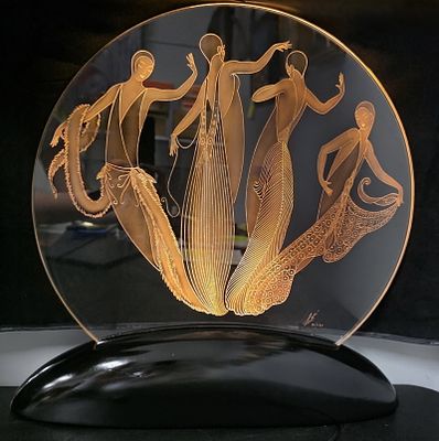 ERTE LUMINERE Etched Glass Crystal Signed and in working condition with lighted base. Circa 