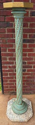Teal Colored Wood Carved Pillar with great carved detail and faux marbling on the base. Size: 