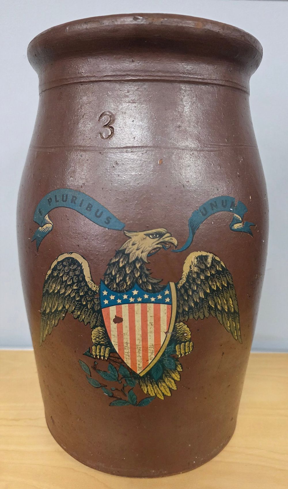 Lot 100A: 3 Gallon Crock With Eagle & Crest Decoration