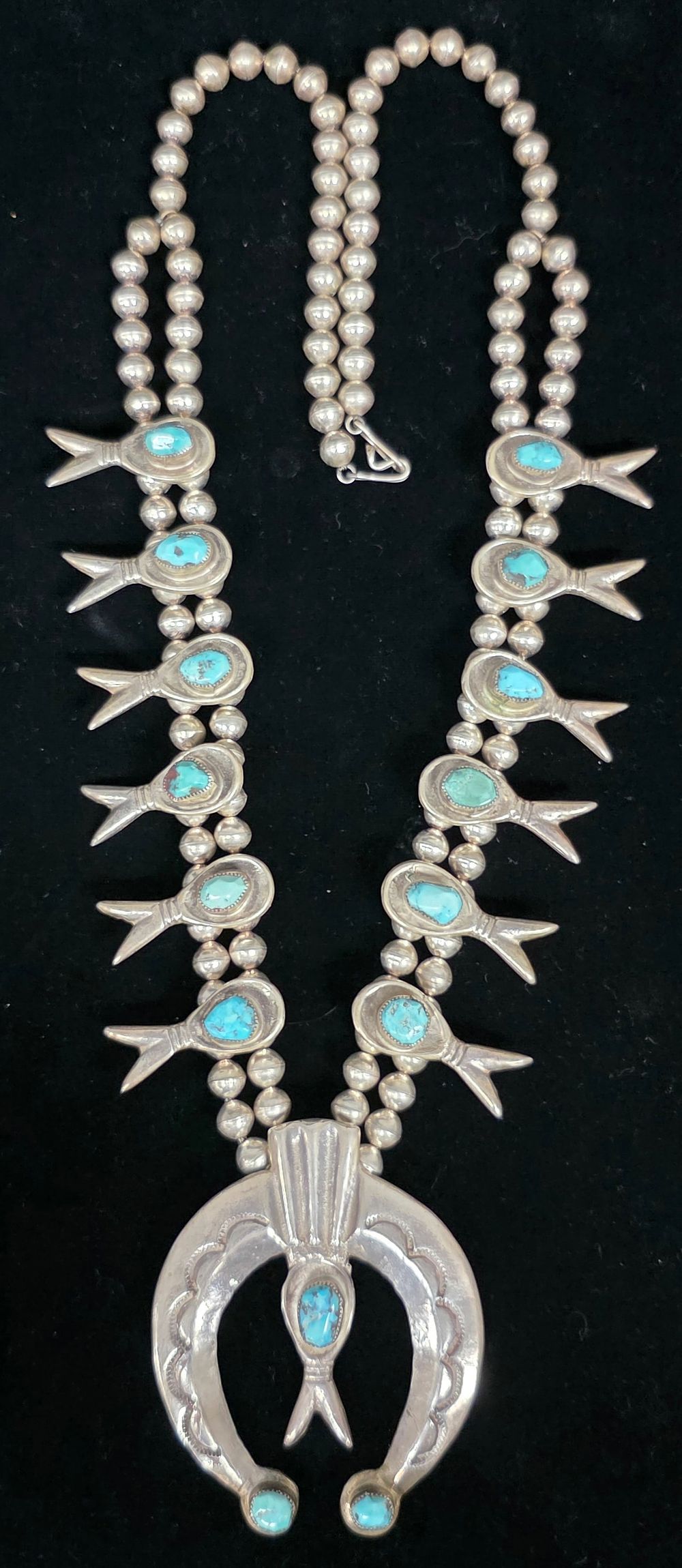 Lot 25: Vintage Navajo Silver & Turquoise Squash Blossom Necklace