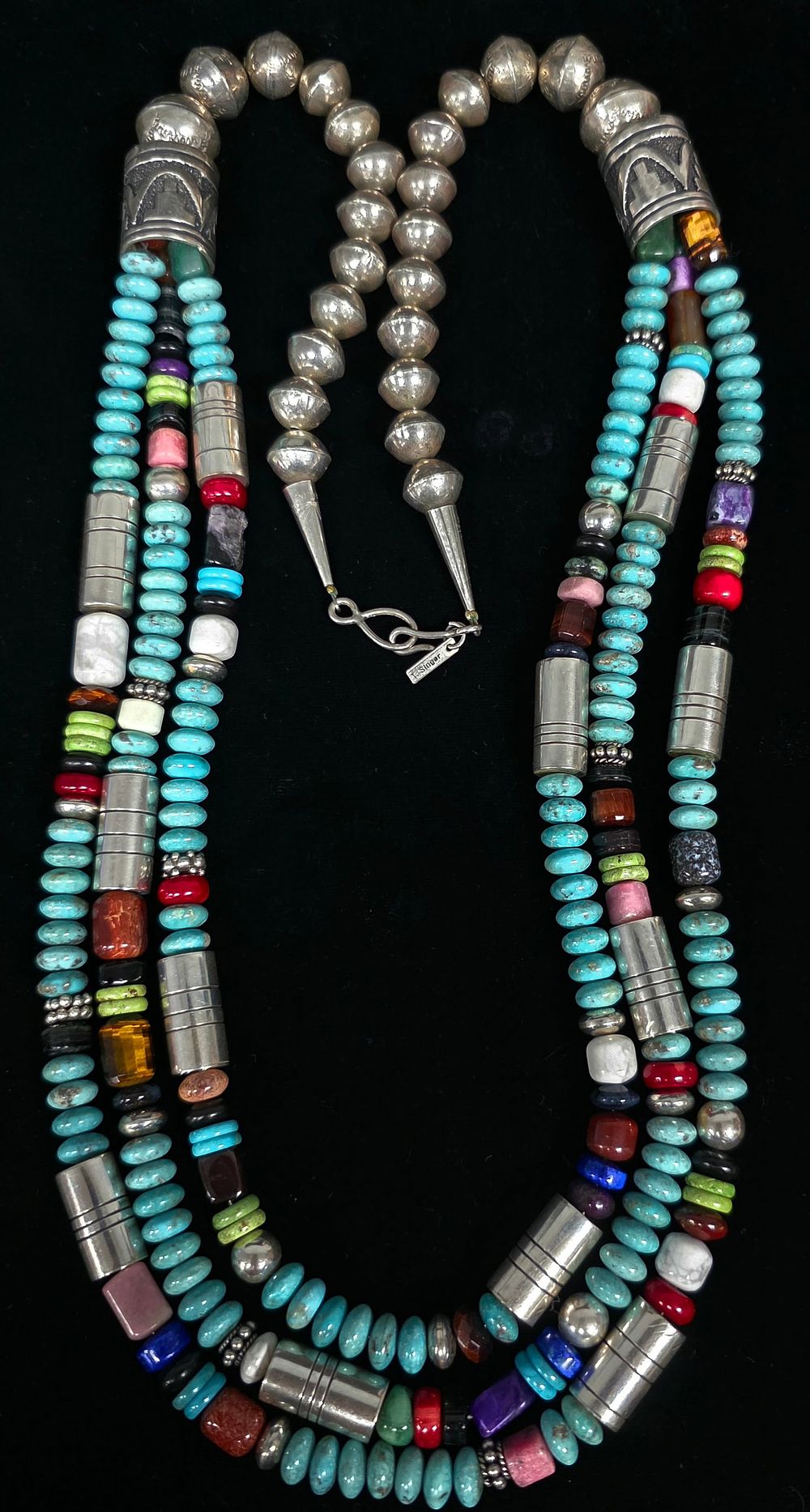Lot 30: Navajo Signed T. Singer Sterling & Bead Treasure Necklace