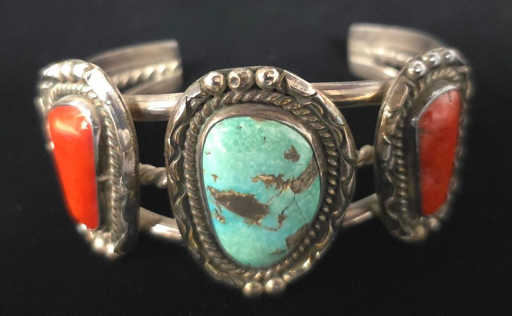 Lot 33: Native American Old Pawn Coral-Turquoise Bracelet