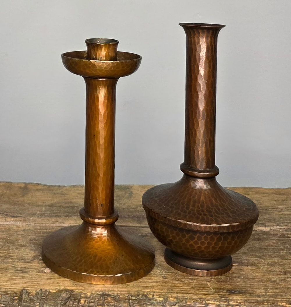 Lot 85: Roycroft Hammered Copper Vase And Candle Holder