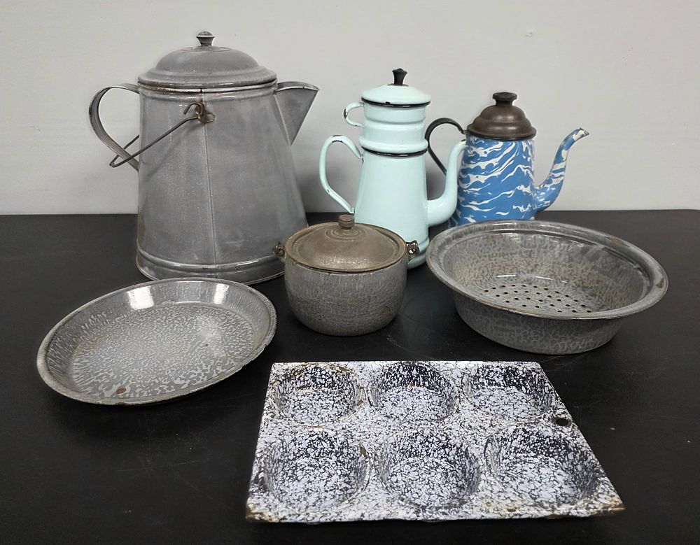 Lot 142: Enamel Ware Coffee Pot and Kitchen Pan Lot x6