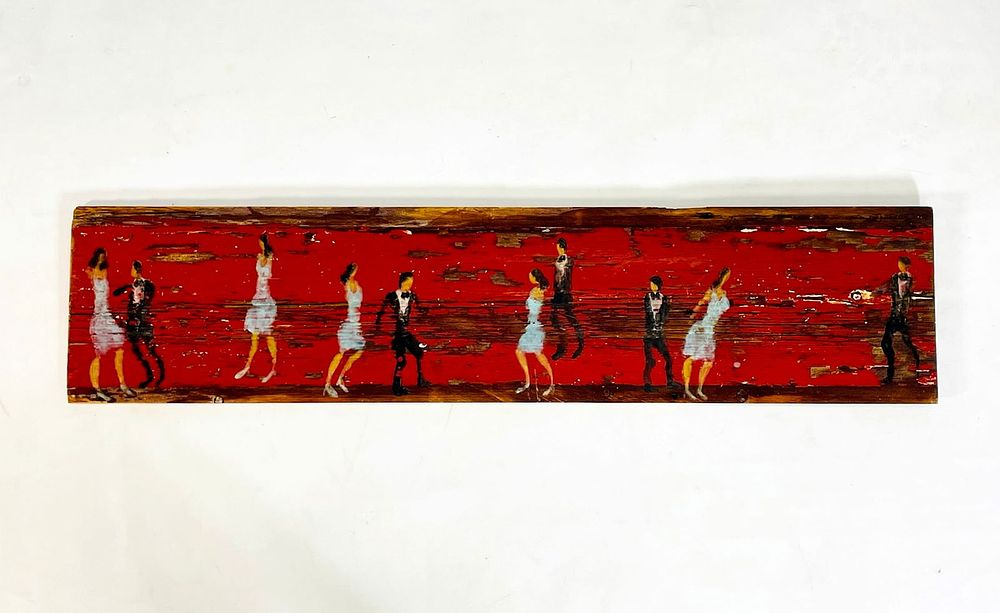 Folk Art Painting on Wood by Scott Griffin (Canada 1970) Titled "Return to Red Carpet". Original 