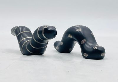 Pair of Emilia Castillo Black Porcelain & Pure Silver Worm Sculptures, Signed, Mexico 1997. A