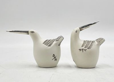 Emilia Castillo Pure Silver & Porcelain Bird Salt & Pepper Shakers, Mexico 1980's. A whimsical