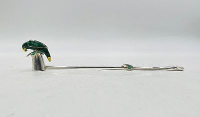 Emilia Castillo Candle Snuffer with Malachite Parrot and Leaf Motif, Mexico 1980's. An exquisite