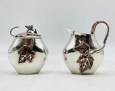 Emilia Castillo Silver-Plate Creamer Pitcher & Sugar Pot with Jasper Inlay, Signed. Exceptional