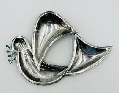 Los Castillo Silver Plate Dove Dish with Turquoise Inlay, Mexican Modernist. Striking