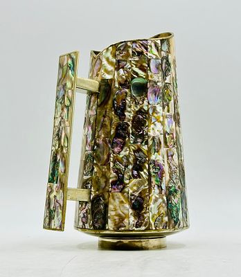 Vintage Mexican Silver Plated Water Pitcher with Abalone Inlay, Signed LHG, 1960s. A striking