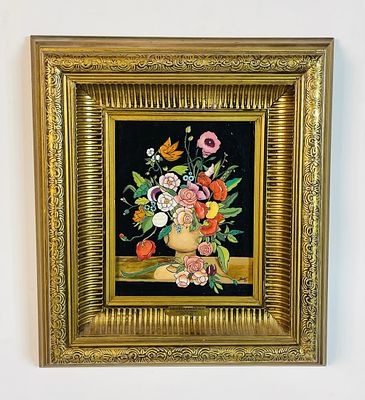 Hand-Painted Enamel Floral Painting, Spanish School, 20th Century, Signed Maciel. A vibrant