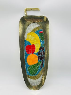 Mid-Century Brass & Mosaic Fruit Tray, attrib. Salvador Terán, 21". Striking mid-century Mexican