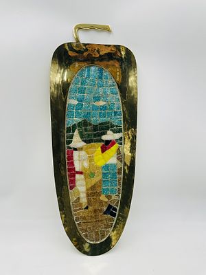 Mid-Century Mexican Brass Mosaic Tray with Figural Scene, Attributed to Salvador Terán. Mid-centu