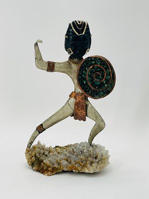 Whimsical Mexican Mixed Metal Warrior Sculpture on Quartz Base, Signed TORO. Striking and