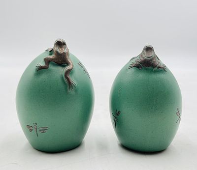 Whimsical Frog & Dragonfly Porcelain & Pure Silver Salt & Pepper Shakers by Emilia Castillo. A