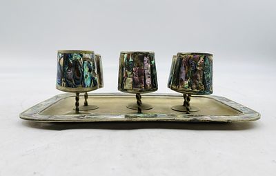Vintage Mexican Alpaca Silver Cordial Set with Abalone Shell Inlay. Striking mid-century modern