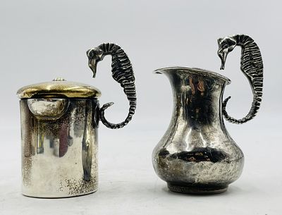 Los Castillo Seahorse Silver Plate Creamer & Sugar Pot, Mexican Modernist, Taxco 237. Exceptional