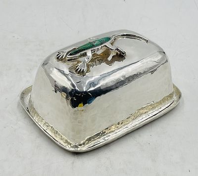 Emilia Castillo Silver Plate Butter Dish with Malachite Lizard Inlay, Mexican Modernist. Charming