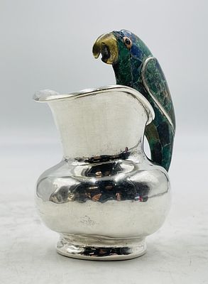 Los Castillo Silver Plate Pitcher with Lapis Lazuli & Malachite Parrot Handle, Taxco Modernist. A