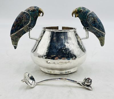 Los Castillo Silver Plate Sugar Pot with Lapis & Malachite Parrots and Ladle, Mexican Modernist.